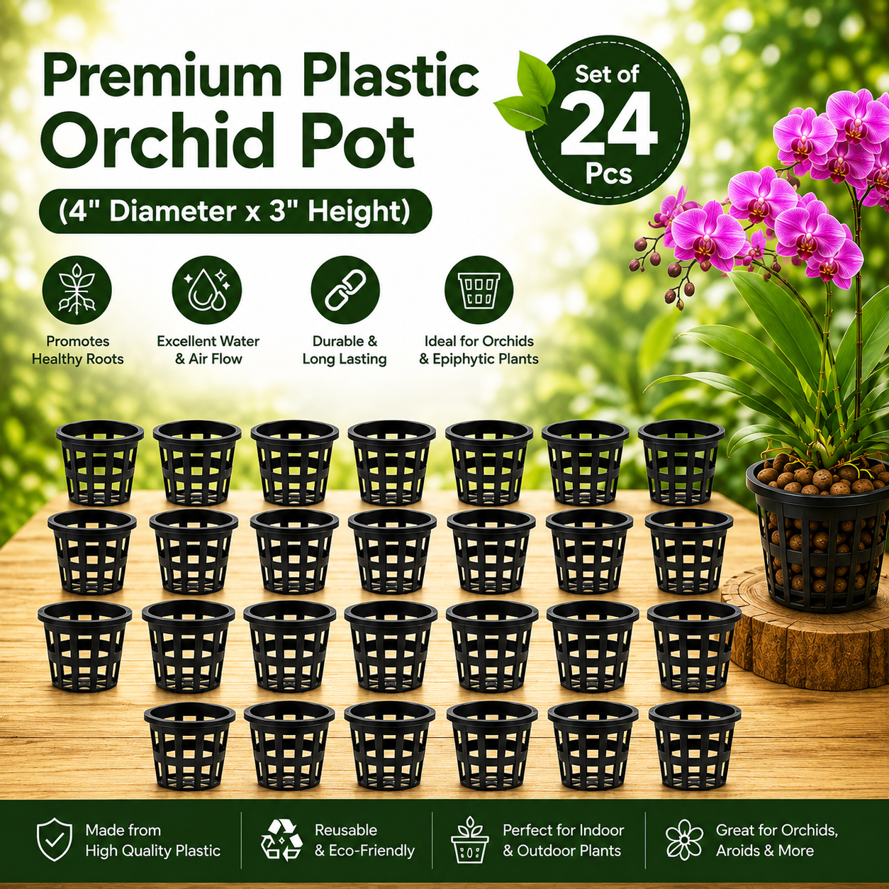 Premium Plastic Hydroponic & Orchid Pot, (4" Diameter x 3" Height)