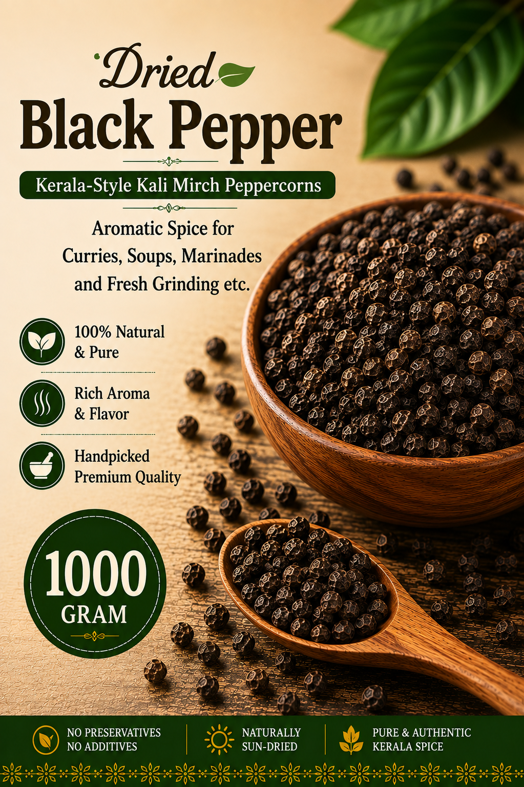 Dried Black Pepper | Kerala-Style Kali Mirch Peppercorns | Aromatic Spice for Curries