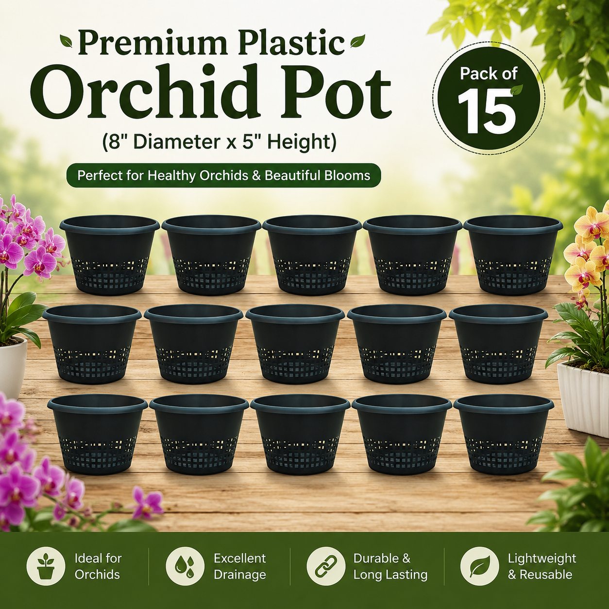Premium Plastic Orchid Pot, (8" Diameter x 5" Height)