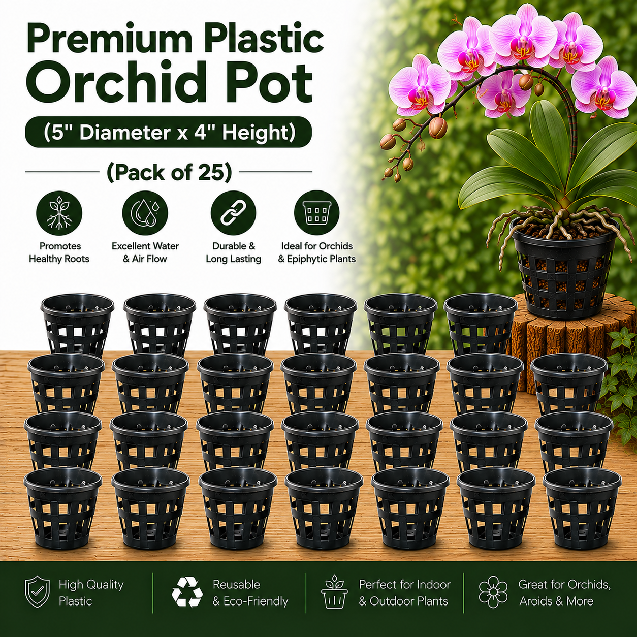 Premium Plastic Orchid Pot, (5" Diameter x 4" Height)