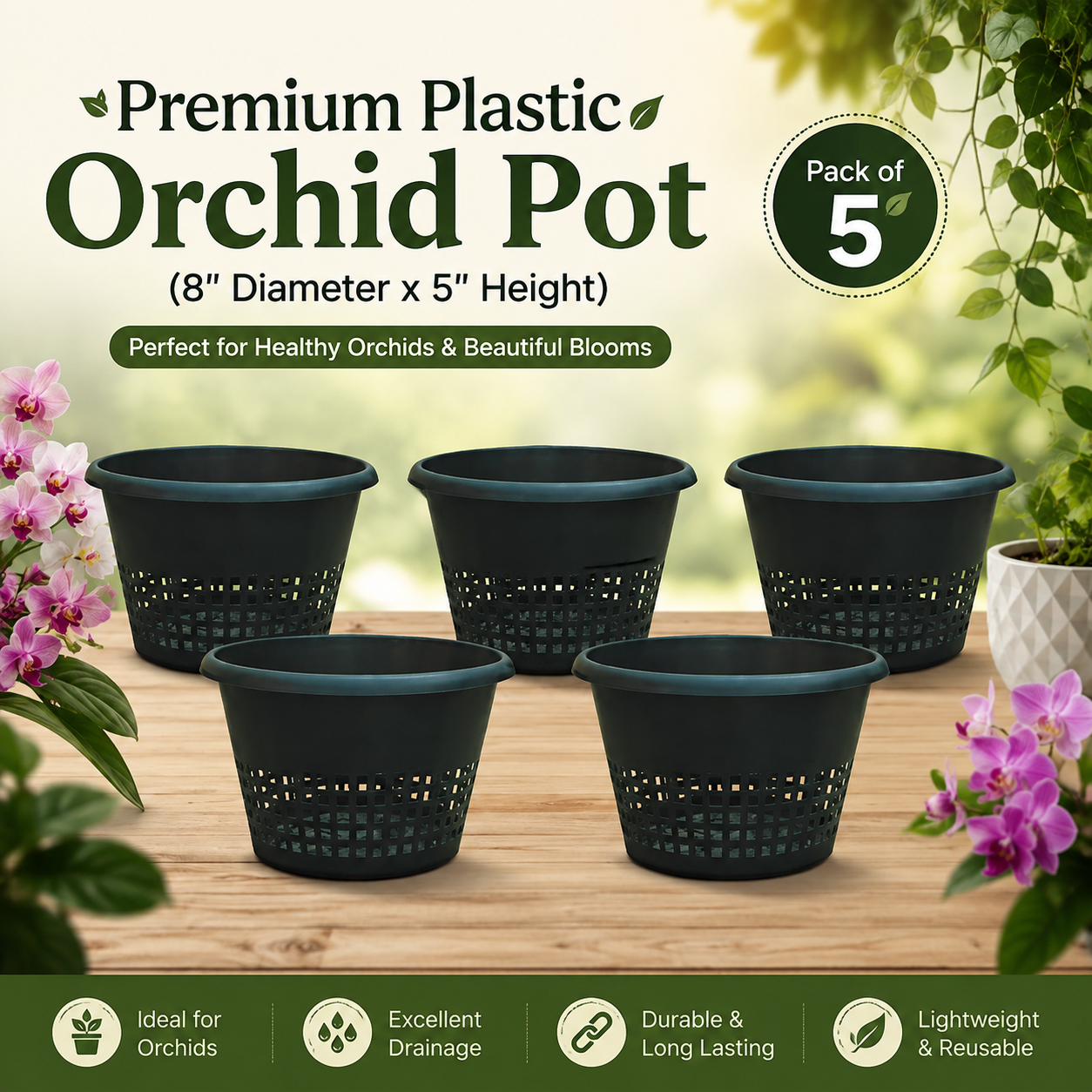 Premium Plastic Orchid Pot, (8" Diameter x 5" Height)