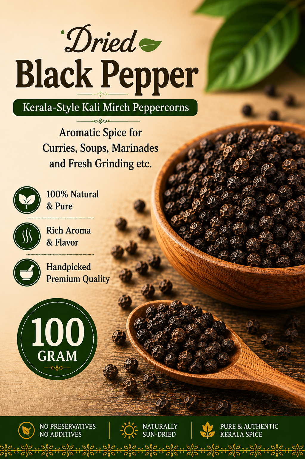 Dried Black Pepper | Kerala-Style Kali Mirch Peppercorns | Aromatic Spice for Curries