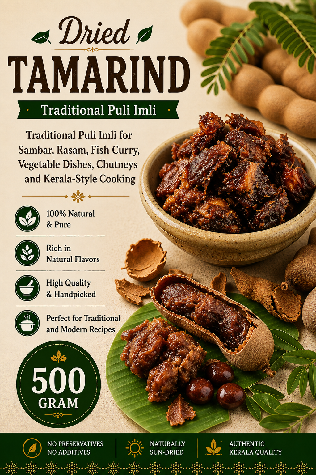Dried Tamarind | Traditional Puli Imli for Sambar, Rasam, Fish Curry, Vegetable Dishes, Chutneys and Kerala-Style Cooking