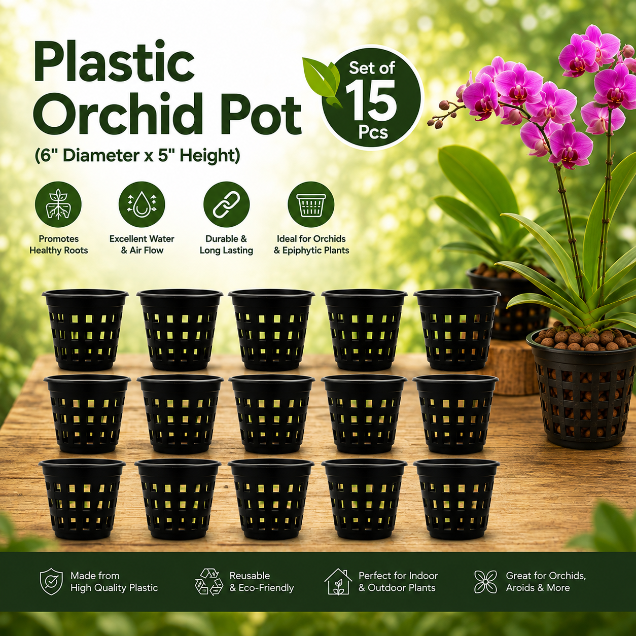 Premium Plastic Orchid Pot (6" Diameter x 5" Height)