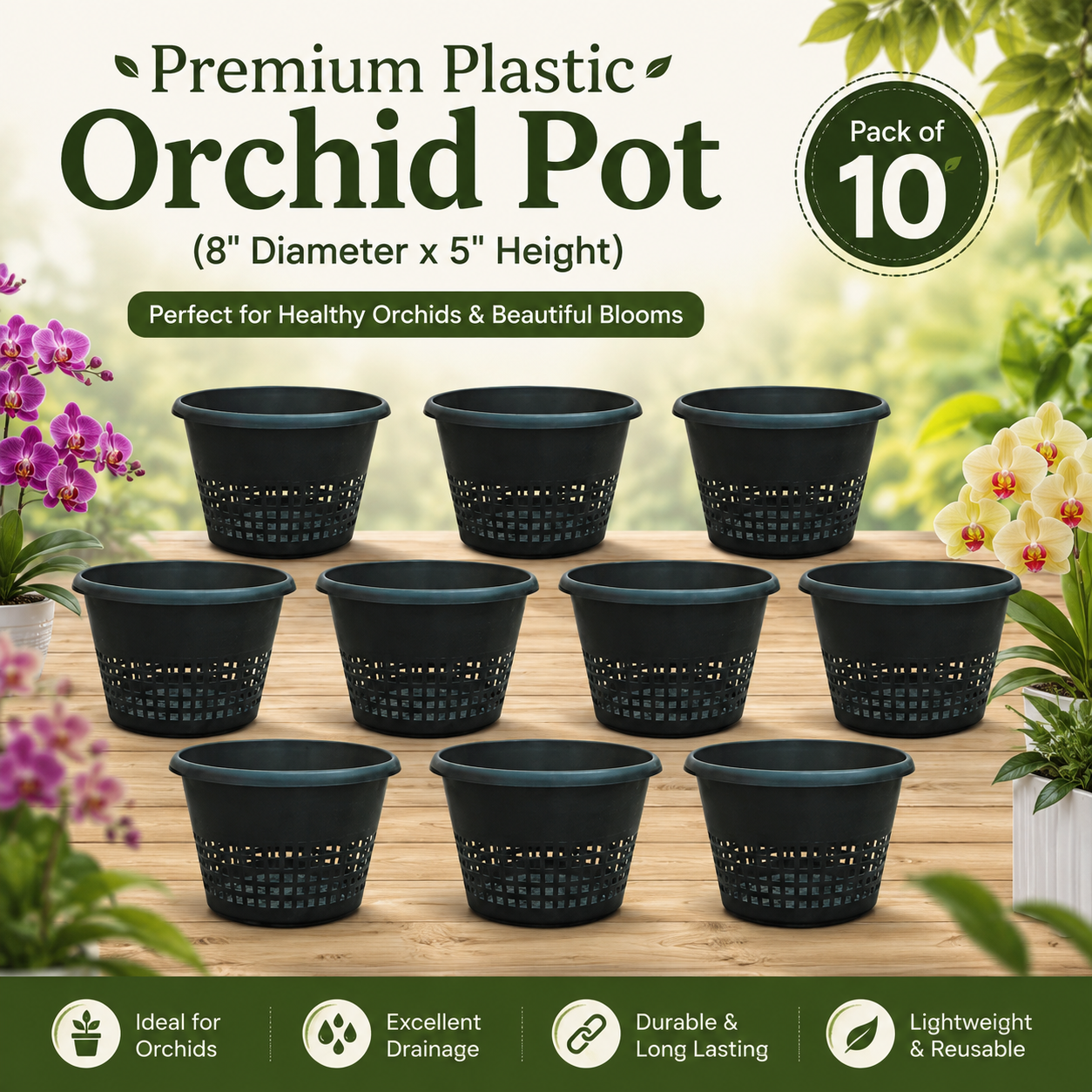 Premium Plastic Orchid Pot, (8" Diameter x 5" Height)