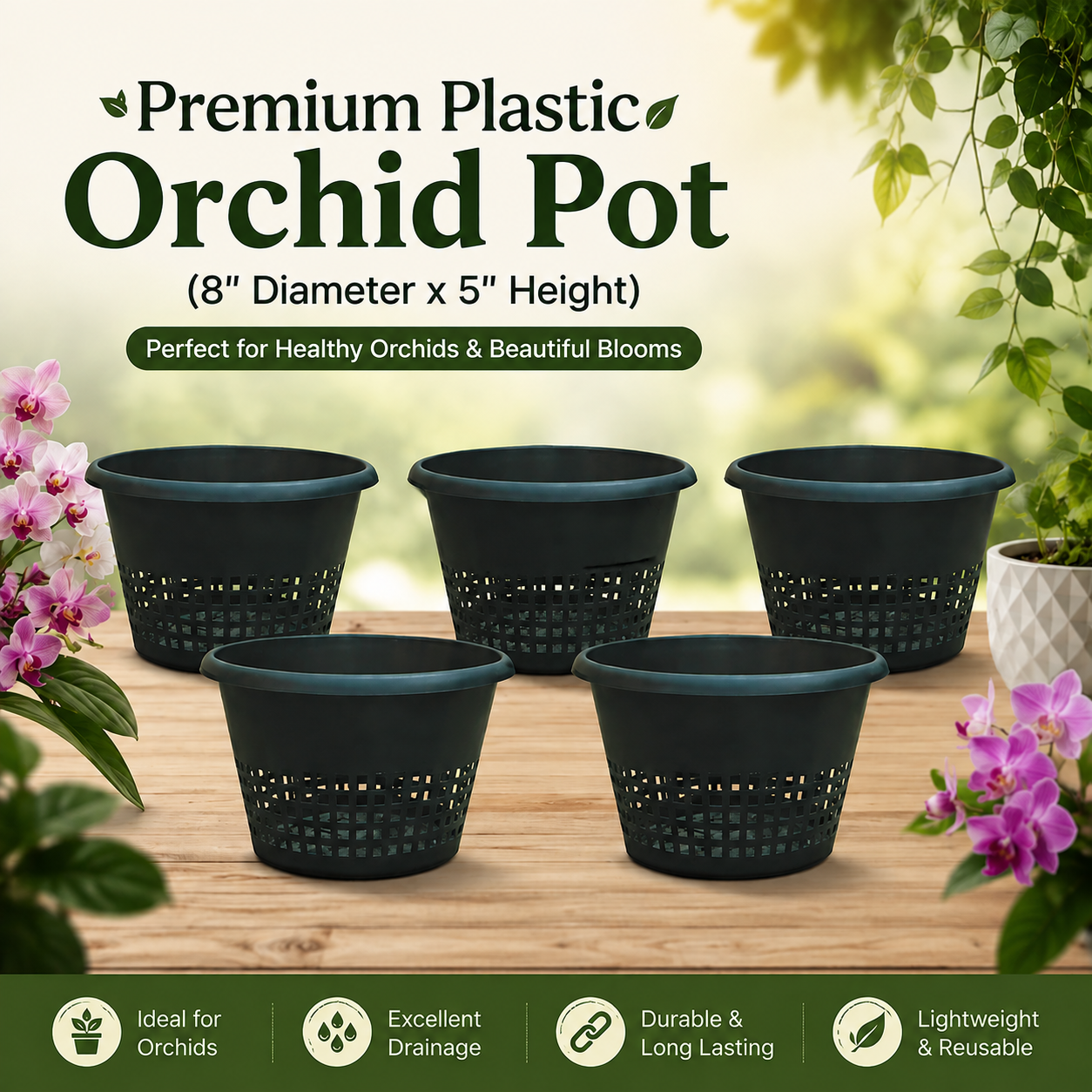 Premium Plastic Orchid Pot, (8" Diameter x 5" Height)