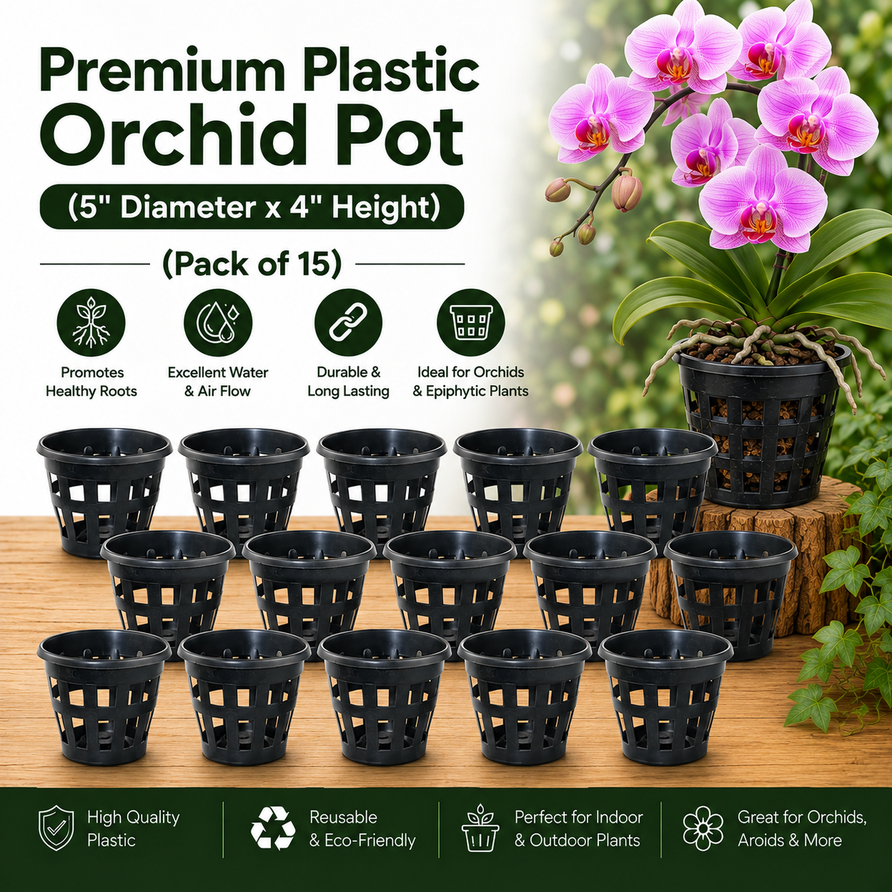 Premium Plastic Orchid Pot, (5" Diameter x 4" Height)