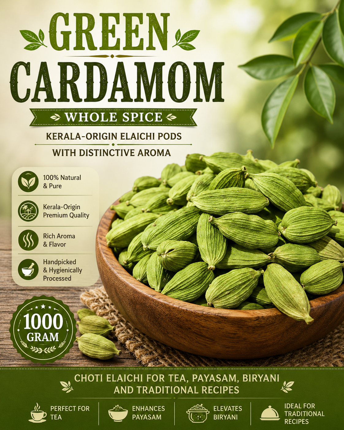 Green Cardamom Whole Spice | Kerala-Origin Elaichi Pods with Distinctive Aroma