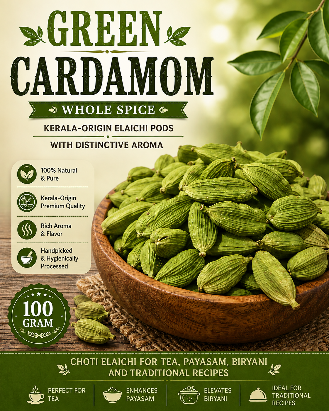 Green Cardamom Whole Spice | Kerala-Origin Elaichi Pods with Distinctive Aroma