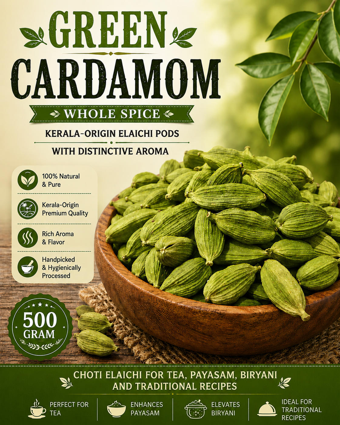Green Cardamom Whole Spice | Kerala-Origin Elaichi Pods with Distinctive Aroma