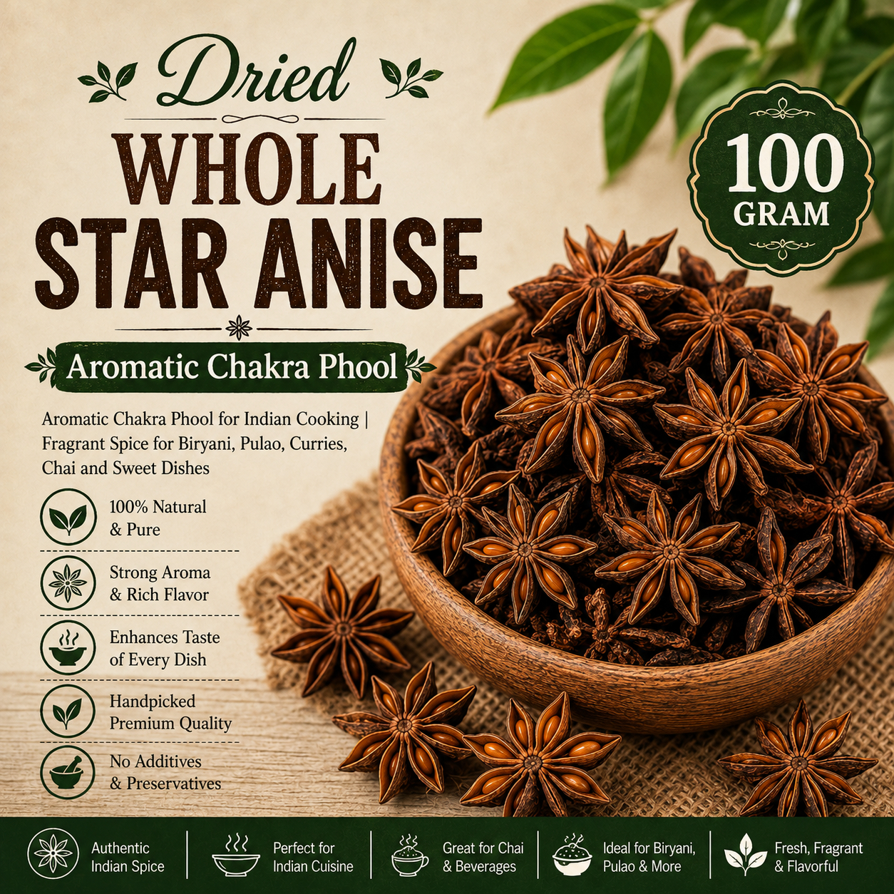 Whole Star Anise | Aromatic Chakra Phool for Indian Cooking |