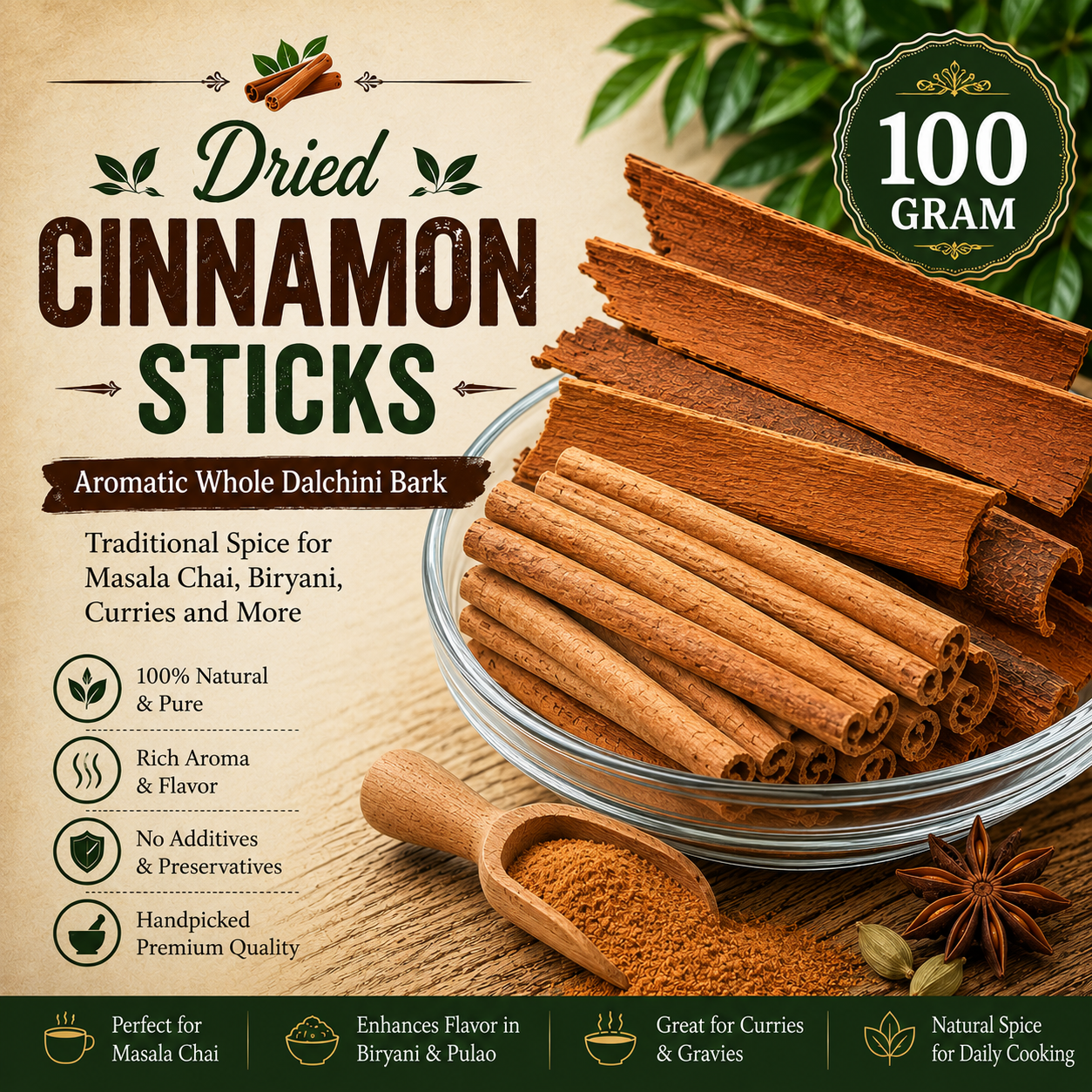 Cinnamon Sticks | Aromatic Whole Dalchini Bark | Traditional Spice for Masala