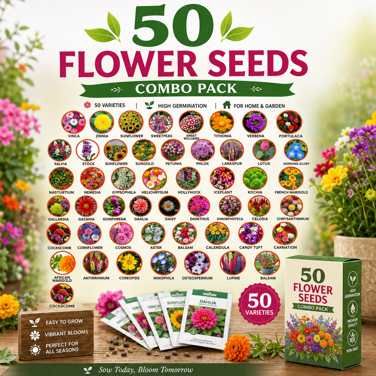 50 Flower Seeds Combo Pack – 50 Premium Flower Seed Varieties | High Germination | Easy to Grow | Home Garden, Balcony & Terrace Gardening